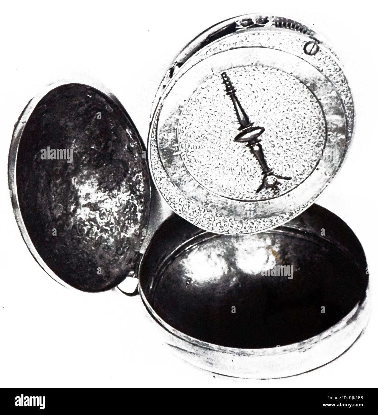 A photograph of a Nuremberg Egg, an early type of pocket watch rear