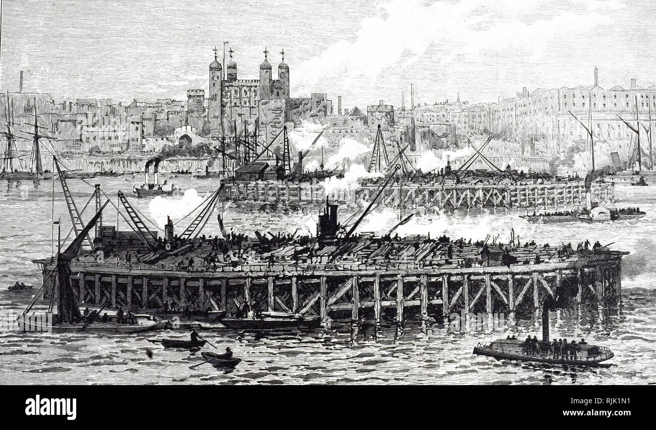 An engraving depicting the work in progress on the bottom part of the river piers. The Tower of London is visible in the background. Dated 19th century Stock Photo