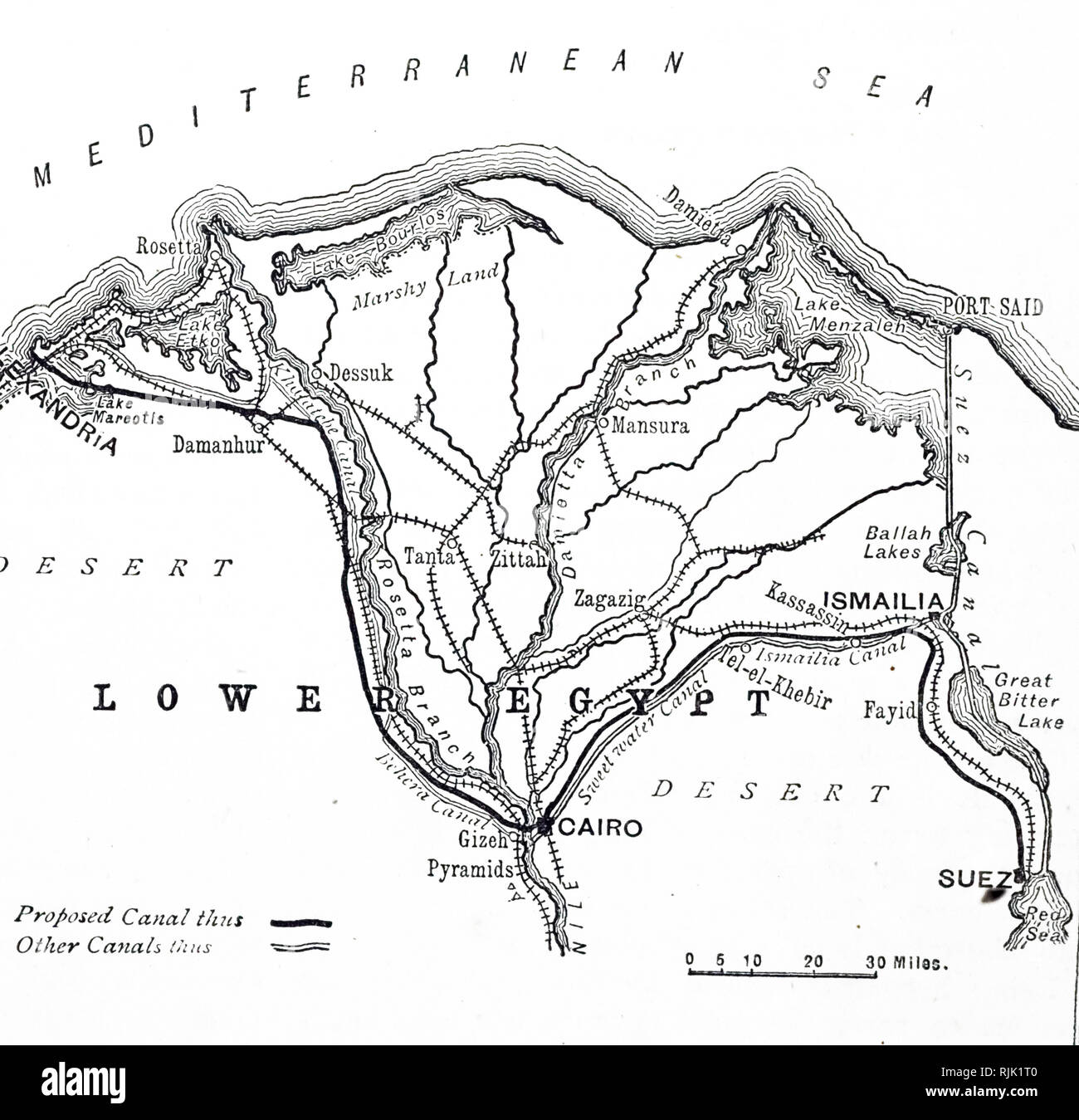 An engraving depicting Fowler and Baker's proposed 386km freshwater canal from Alexandria to the Suez Canal via Cairo. Dated 19th century Stock Photo