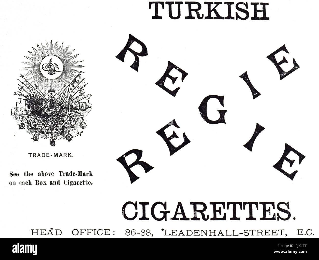 An advertisement for Regie Turkish Cigarettes. Dated 19th century Stock Photo