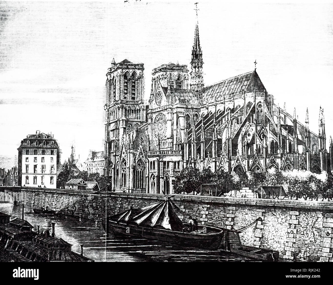An engraving depicting the exterior of Notre-Dame, Paris. Dated 19th century Stock Photo