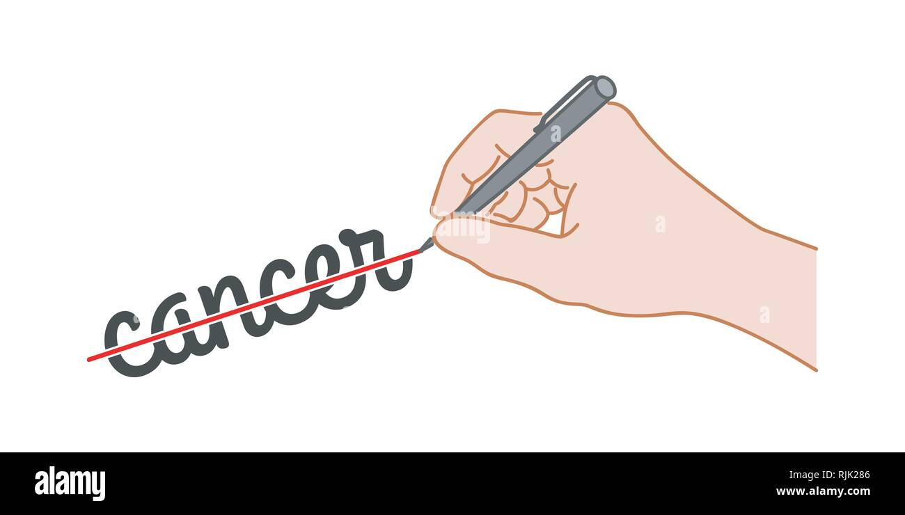 Hand with a pen crossed out the word 'cancer'. Hand drawn style illustration Stock Vector