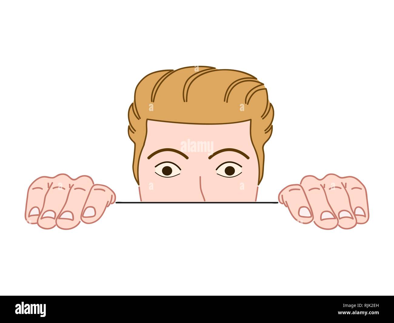 Young man peeking from behind the wall. Isolated on white. Hand drawn character Stock Vector