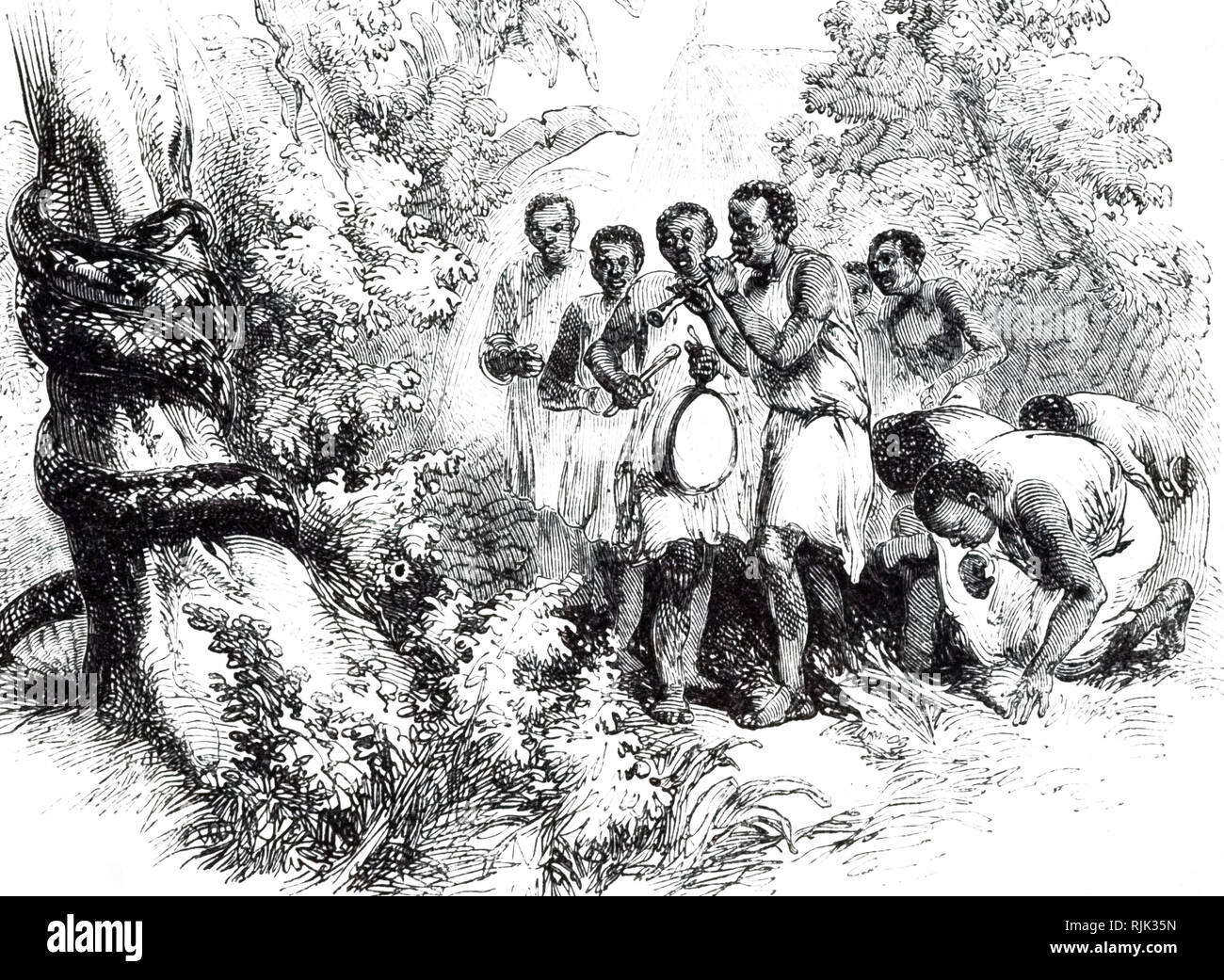An engraving depicting snake worship in the Kingdom of Dahomey, Africa. Dated 19th century Stock Photo