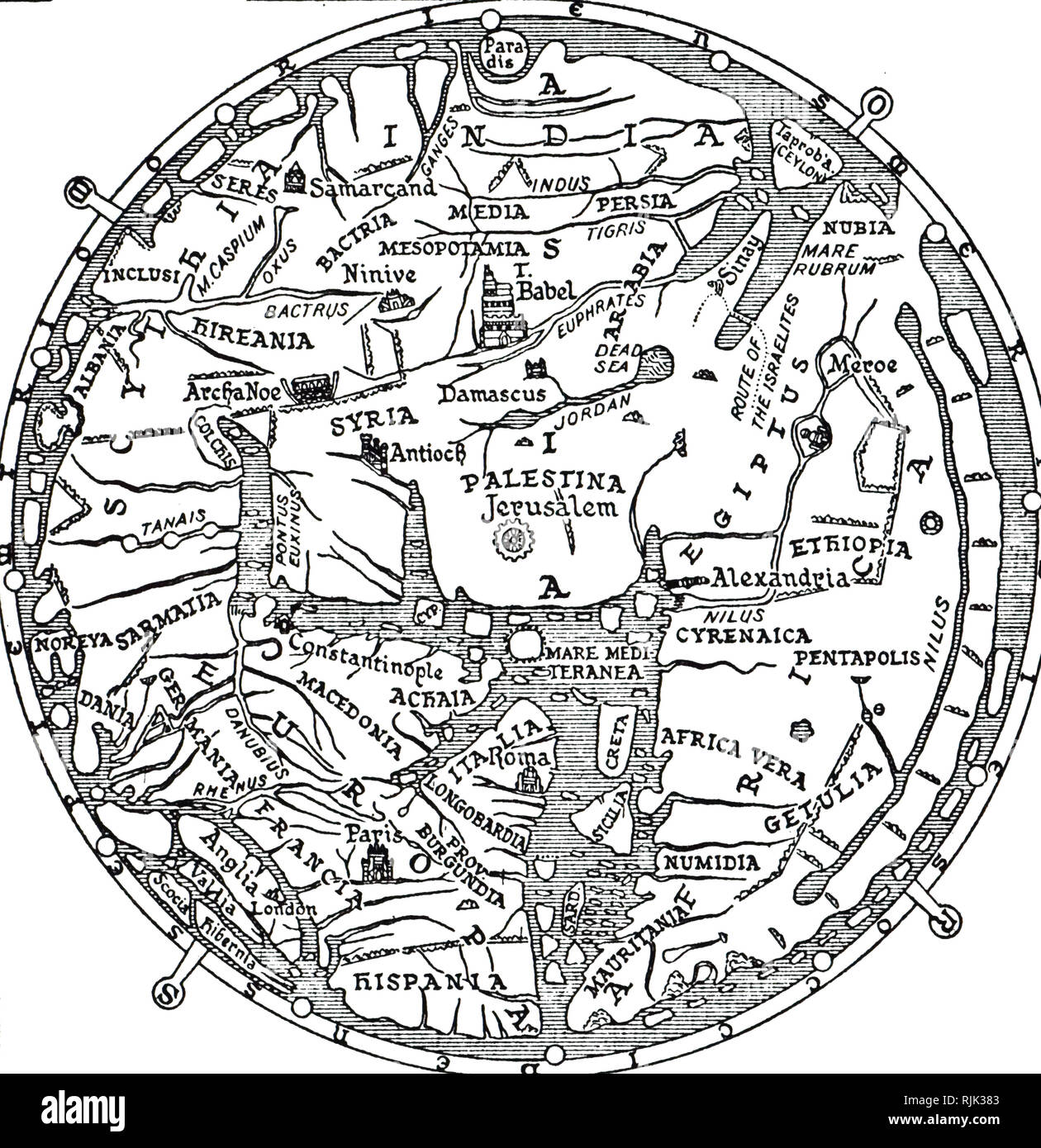 An engraving depicting the central section of the Hereford Mappa Mundi, a medieval map of the known world. Dated 14th century Stock Photo