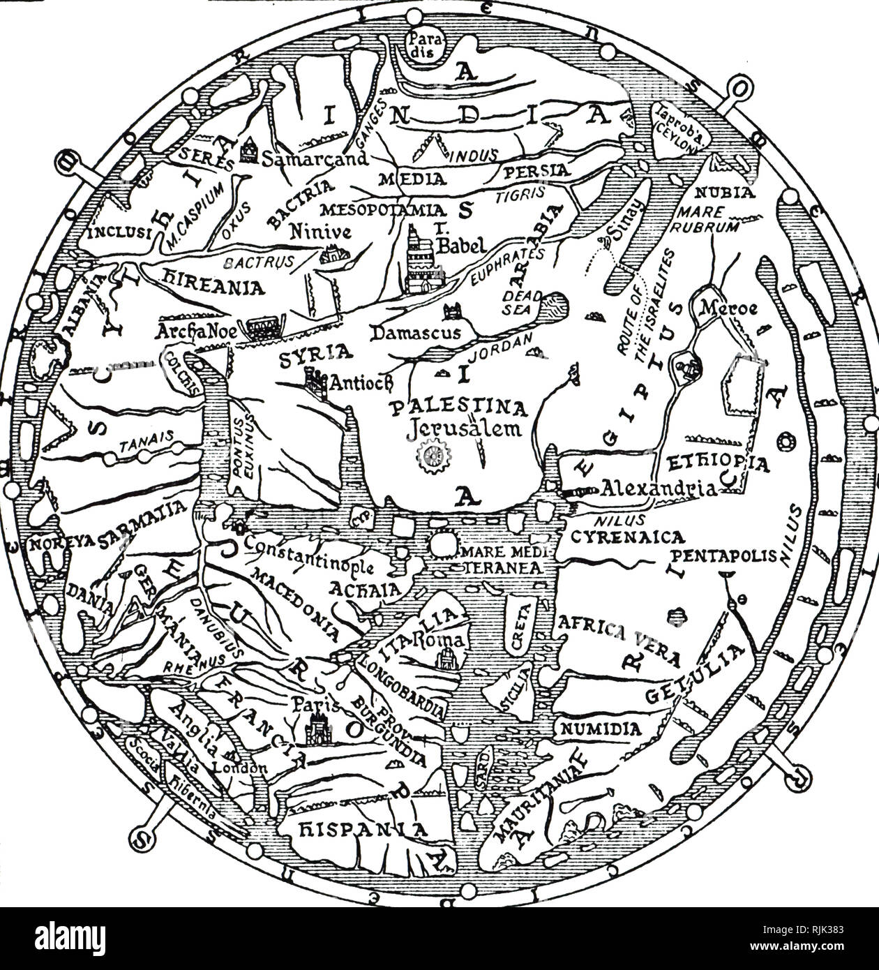 An Engraving Depicting The Central Section Of The Hereford Mappa Mundi 
