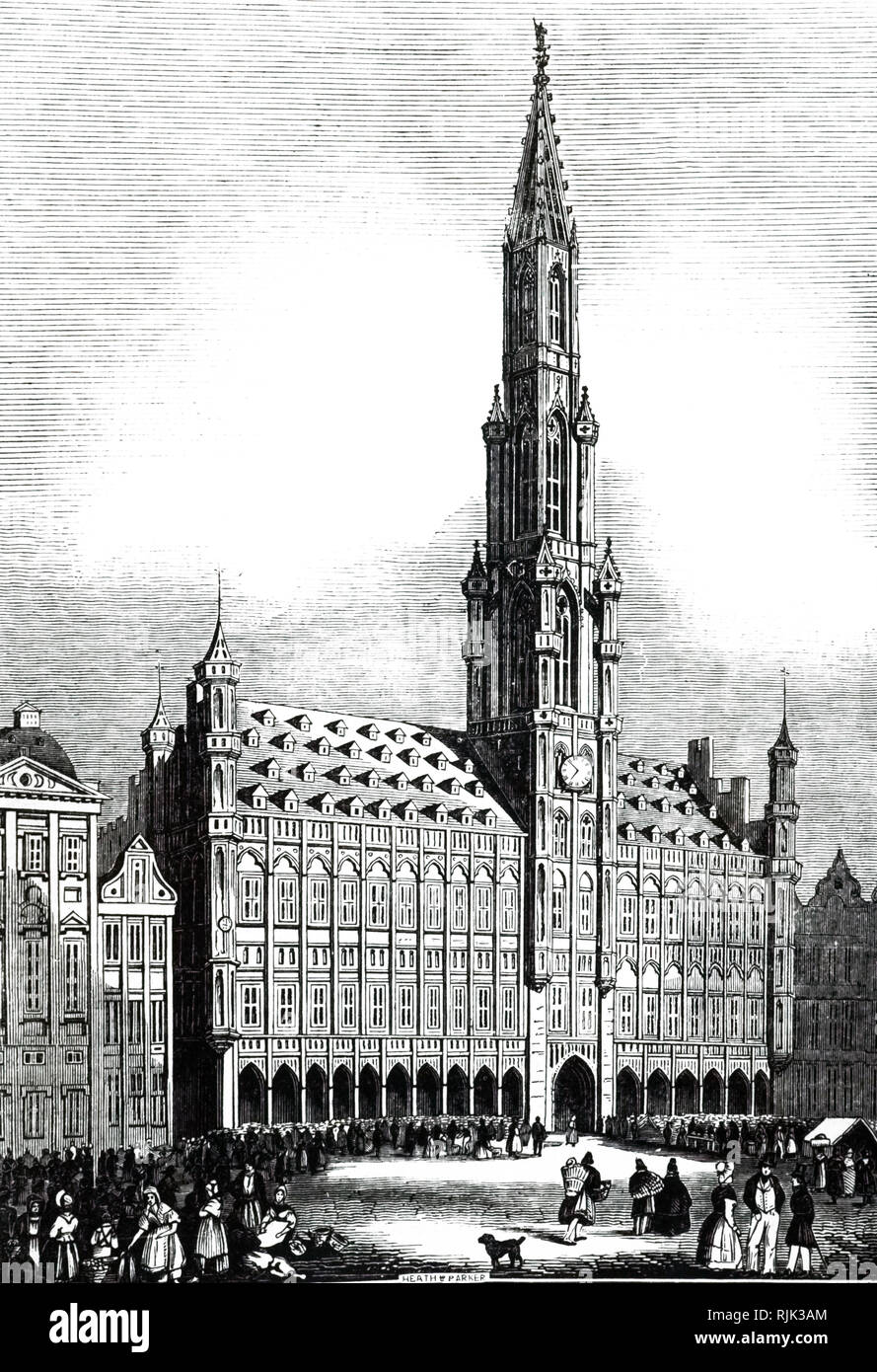 An engraving depicting the exterior of Brussels Town Hall dating from the Middle Ages. Dated 19th century Stock Photo