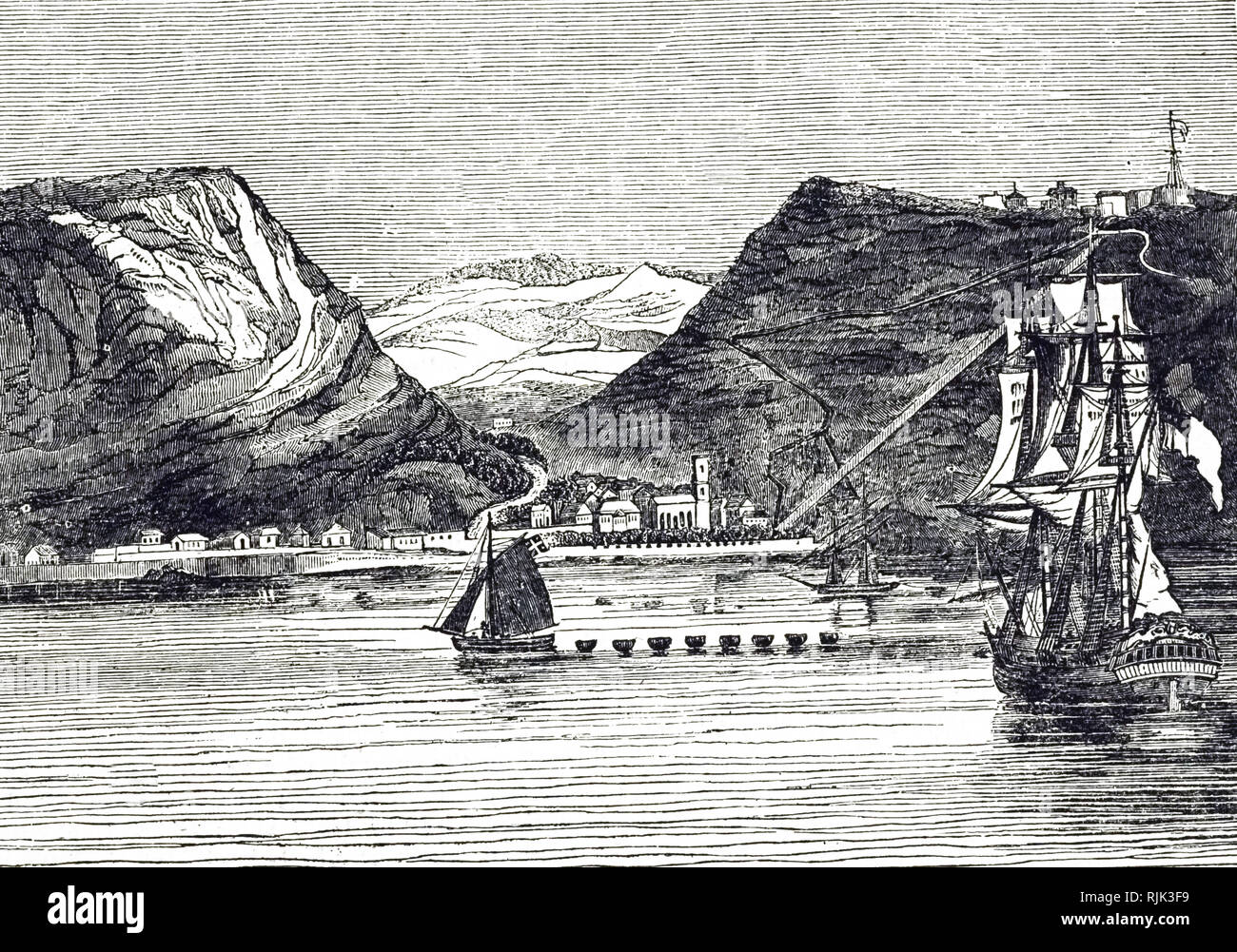 An engraving depicting a view of Saint Helena, an Island in the Atlantic Ocean, which, except for a short time in 1673, from 1600 St Helena was a British possession and was used as a watering station. Dated 19th century Stock Photo