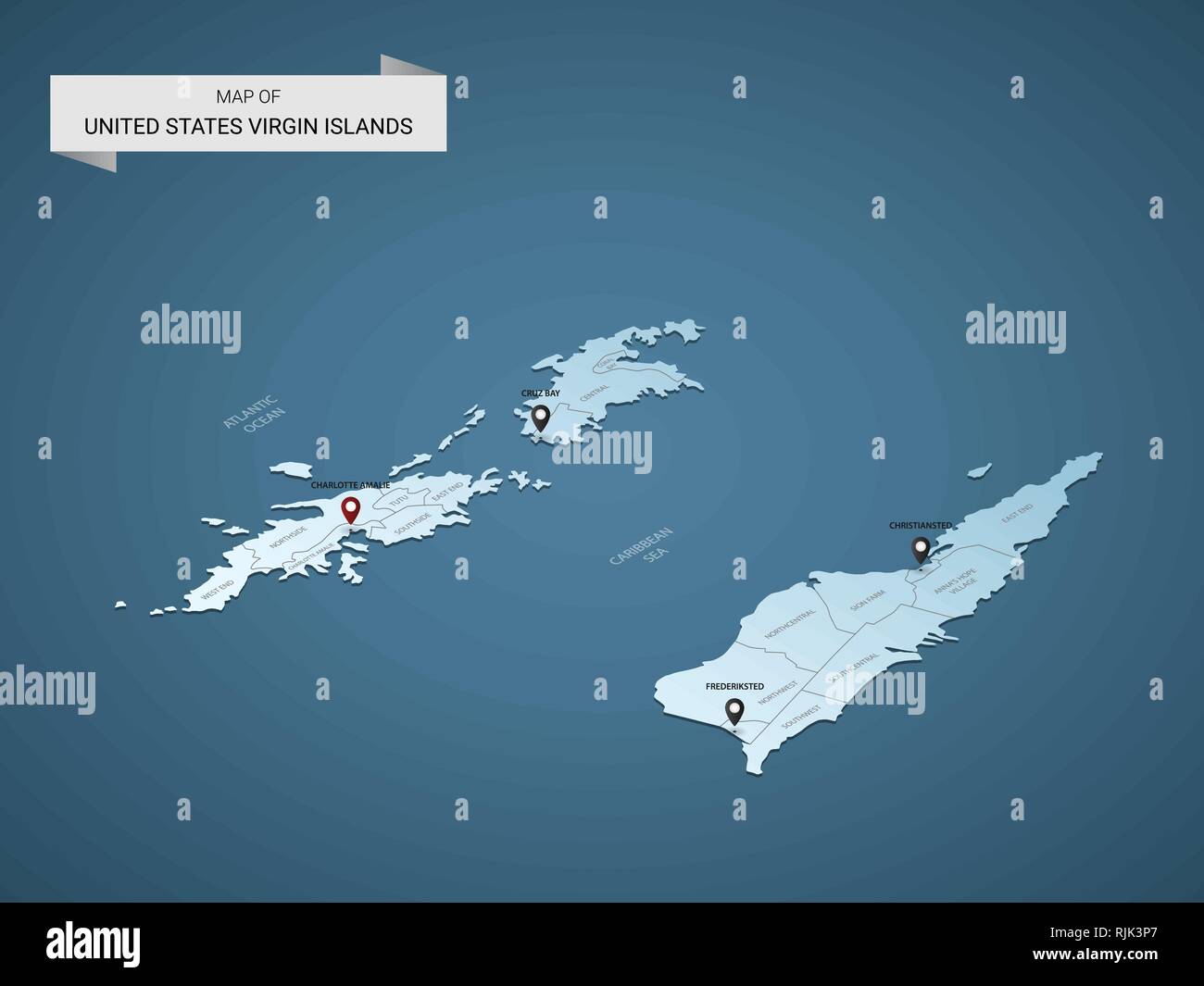 Isometric 3D Virgin Islands map, vector illustration with cities ...