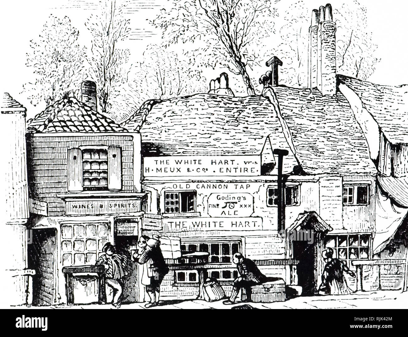 An engraving depicting The White Hart Inn, Knightsbridge, London. This inn was a watering house for hackney carriages as well as a resting place for porters. Dated 19th century Stock Photo