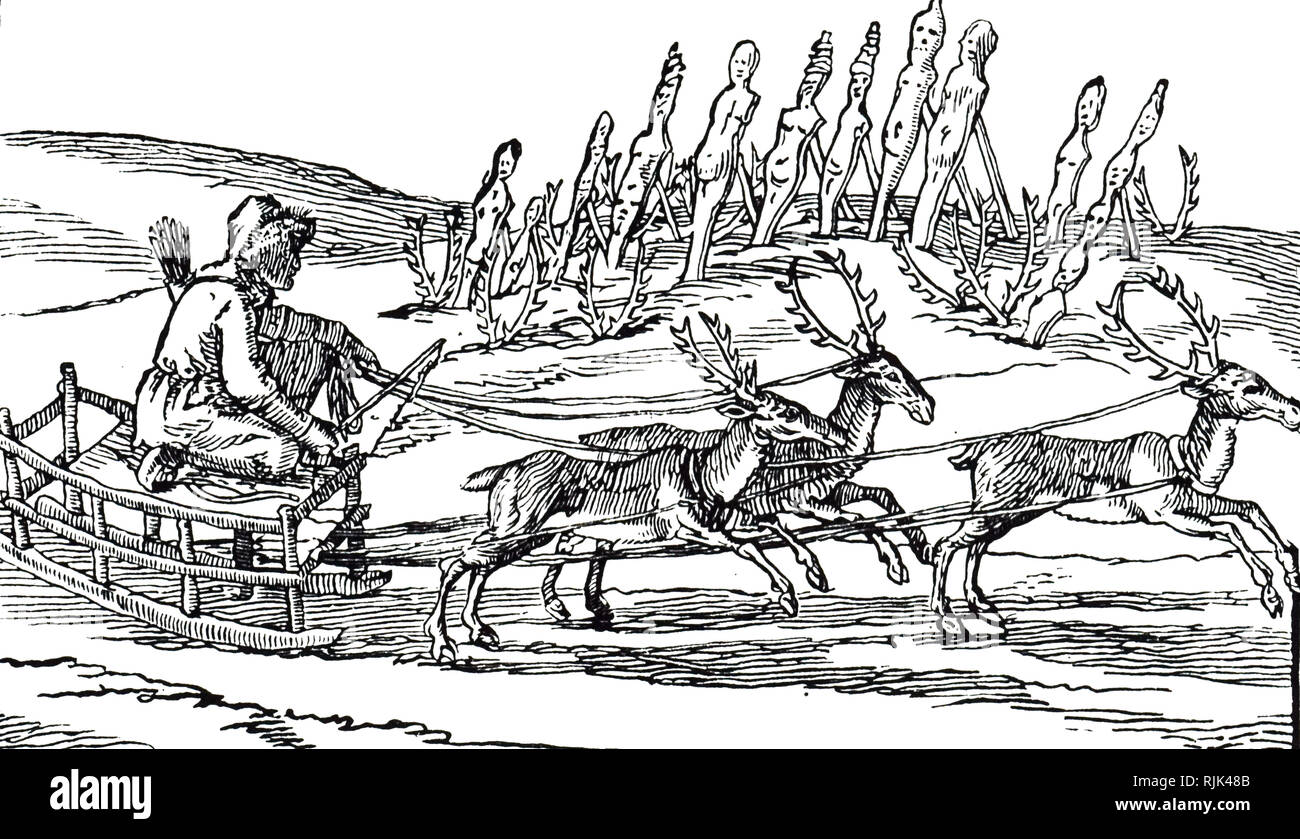 A woodcut engraving depicting a Samoyedic man travelling on a sleigh pulled by reindeer. In the background stands a group of religious idols, some with reindeer antlers planted in front of them. The Samoyedic people inhabited Northern Siberia. Dated 17th century Stock Photo