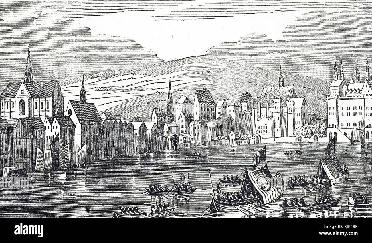 An engraving depicting the River Thames during the Tudor Times. Dated 19th century Stock Photo