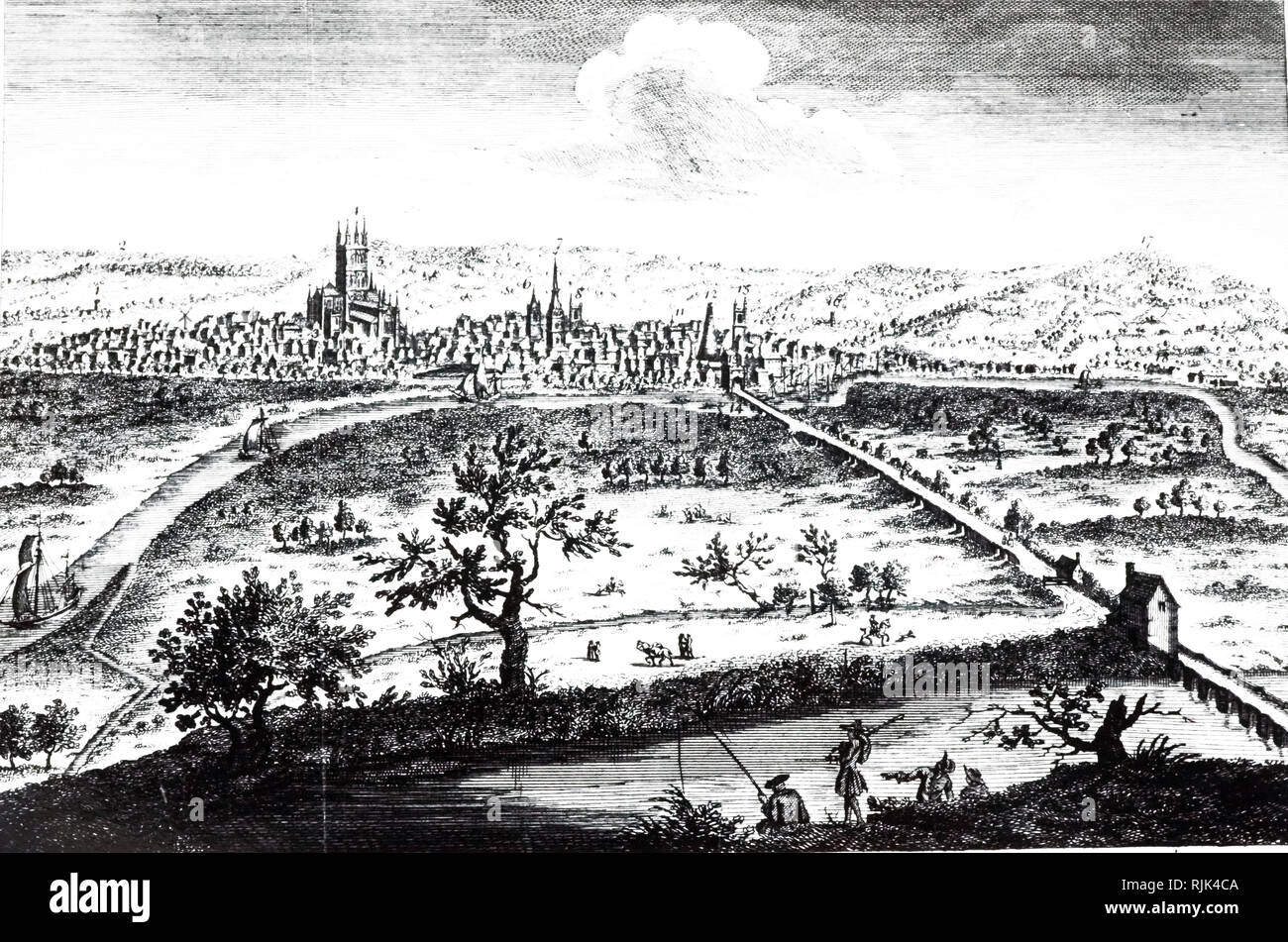An engraving depicting a view of Gloucester, showing shipping on the