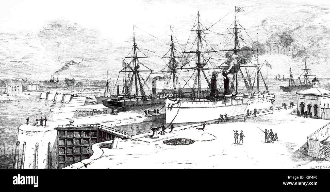 An engraving depicting the Eastham Locks at the entrance to the Manchester ship canal. Dated 19th century Stock Photo