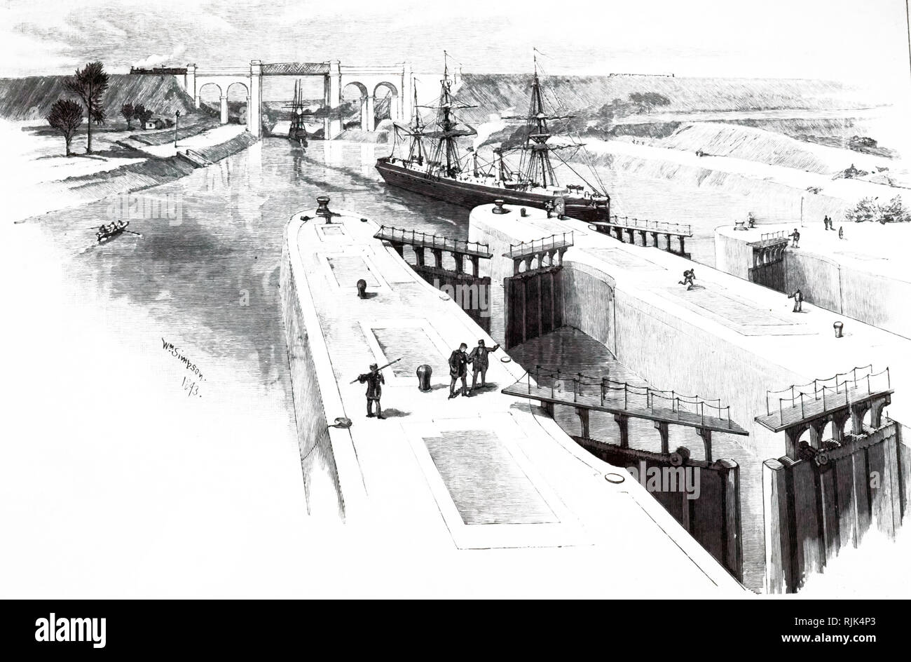 An engraving depicting the Eastham Locks at the entrance to the Manchester ship canal. Dated 19th century Stock Photo