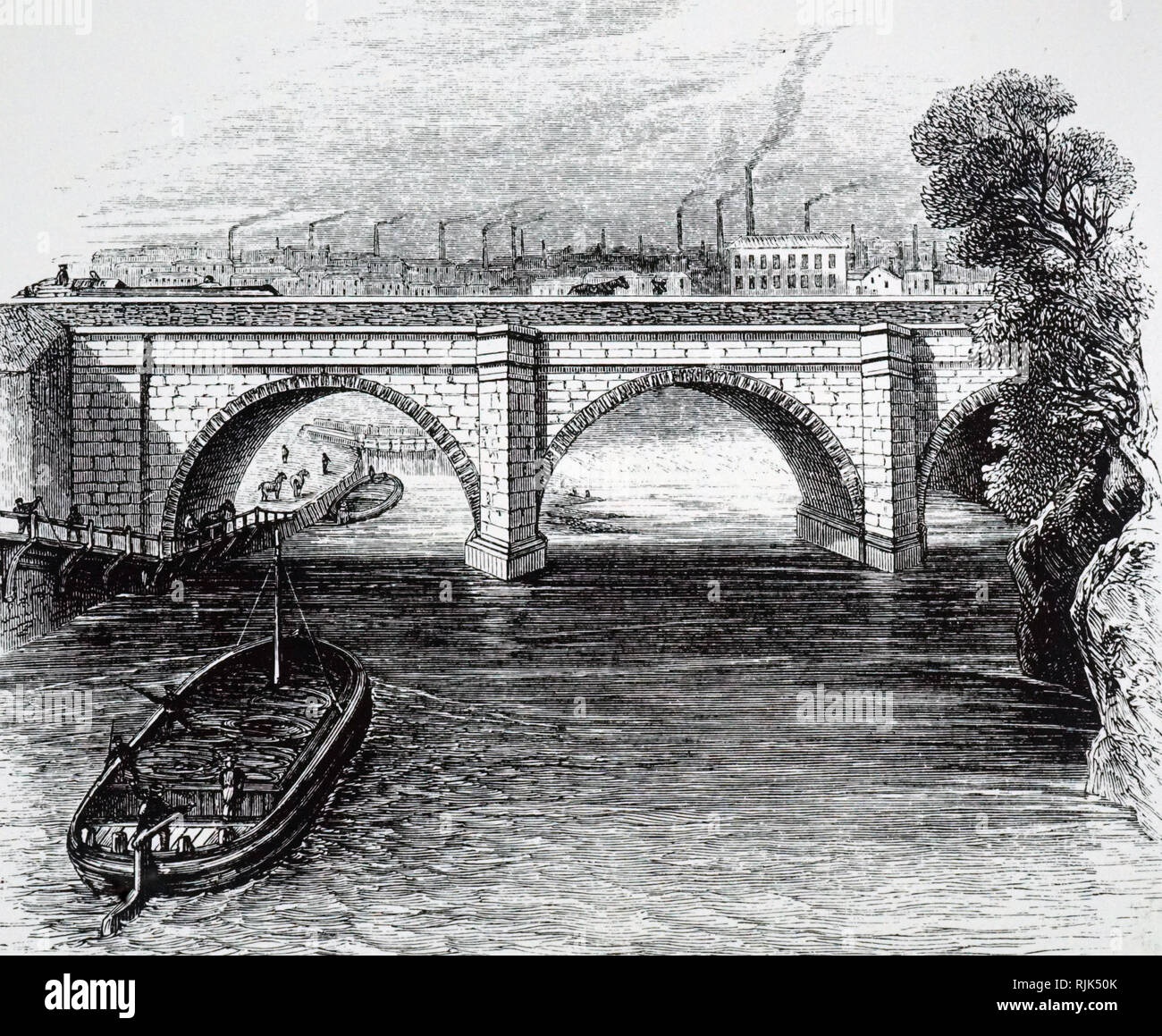 An engraving depicting the Barton aqueduct on the Duke of Bridgewater's Canal from Worsley to Manchester, built by James Brindley. James Brindley (1716-1772) an English engineer. Dated 19th century Stock Photo