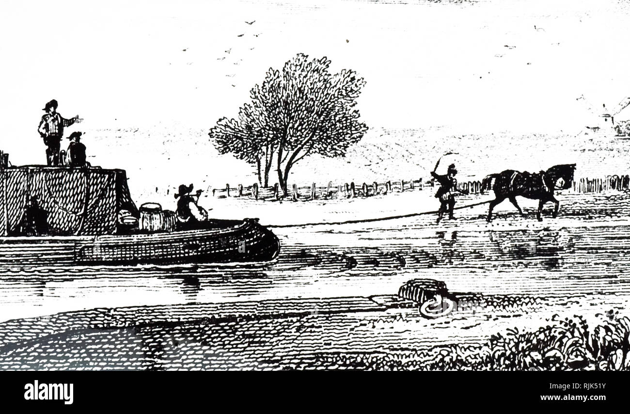 An engraving depicting a horsedrawn canal barge. Dated 19th century