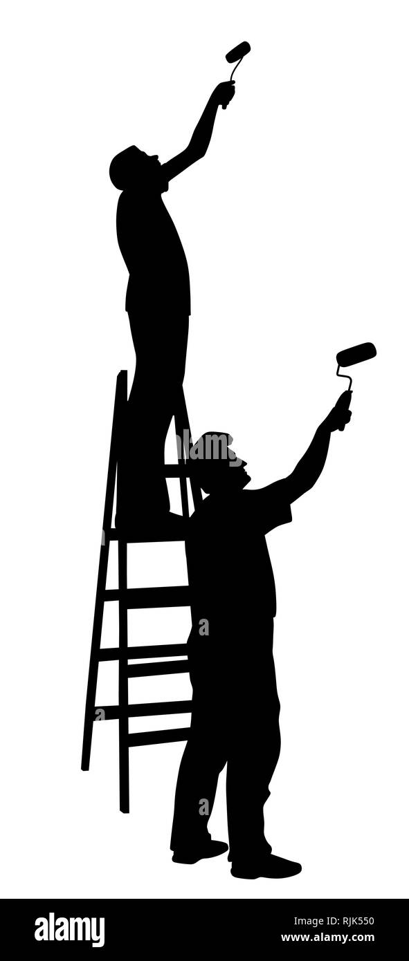 Two men painters painting wall with paint rollers Stock Vector