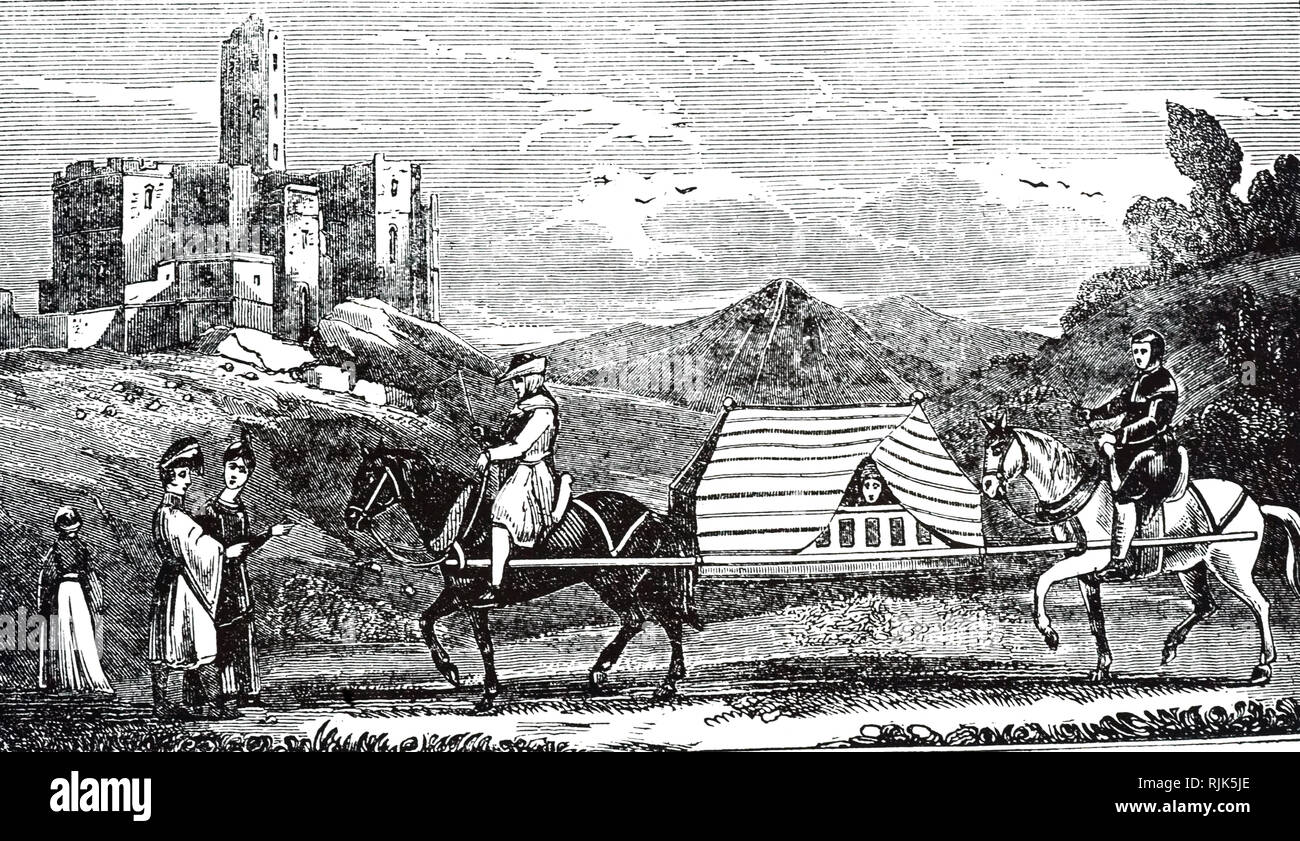 An engraving depicting a 13th-century horse-drawn litter used in England. Dated 19th century Stock Photo