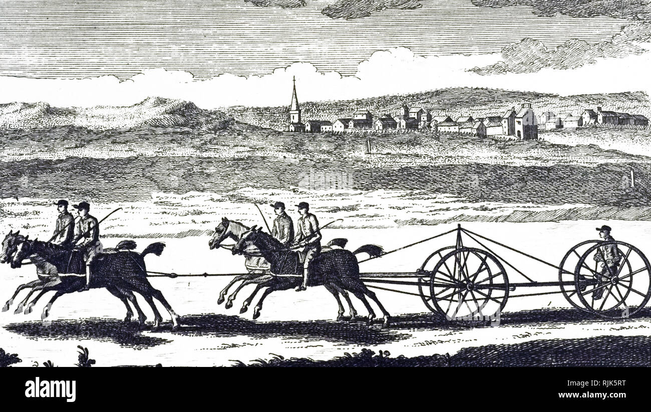 Woodcut engraving depicting four horsemen pulling the axle of a carriage, as they pass a small English village. Dated 19th century Stock Photo