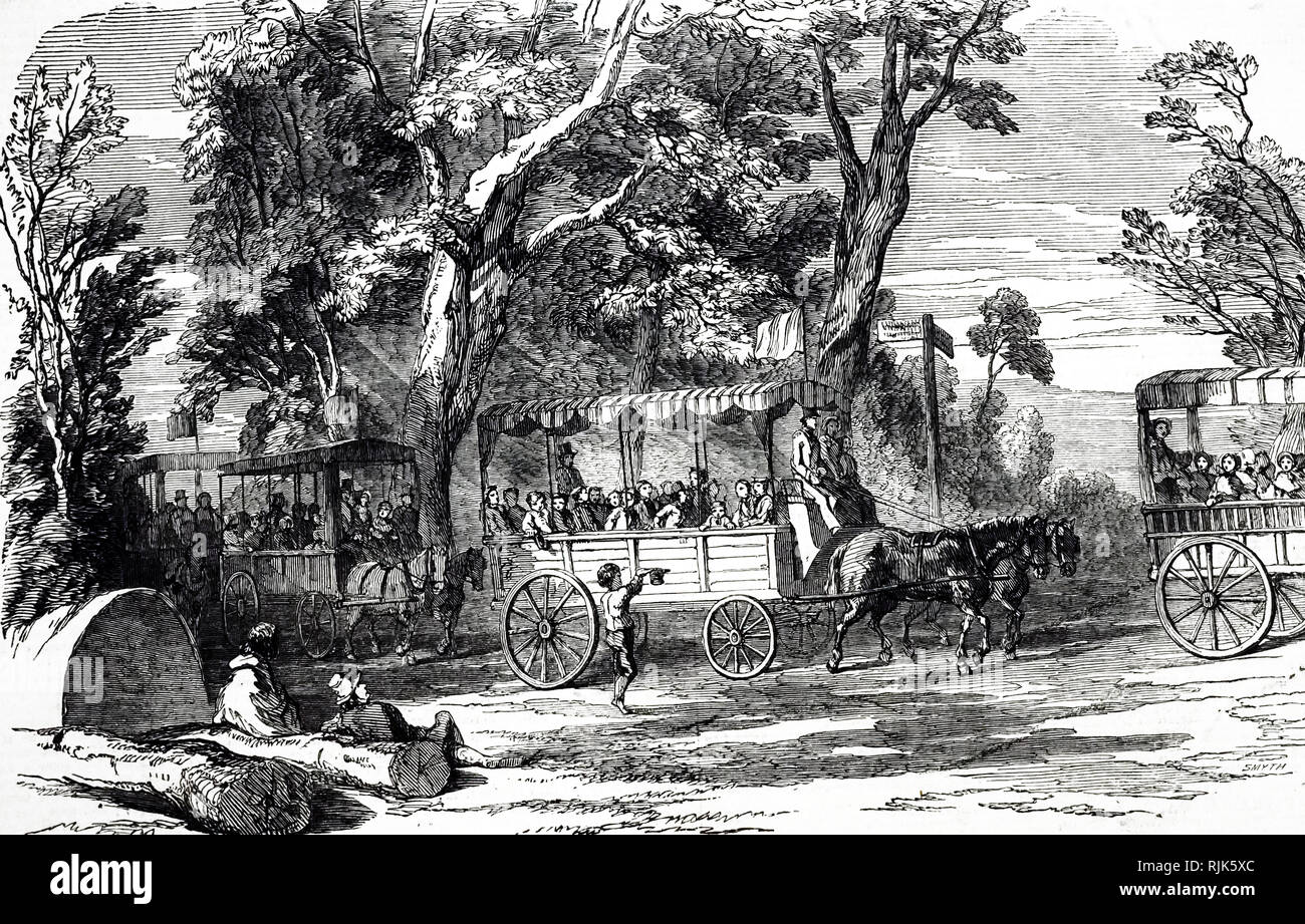 An engraving depicting horse vans used for a school outing to Hampton  Court. Dated 19th century Stock Photo - Alamy