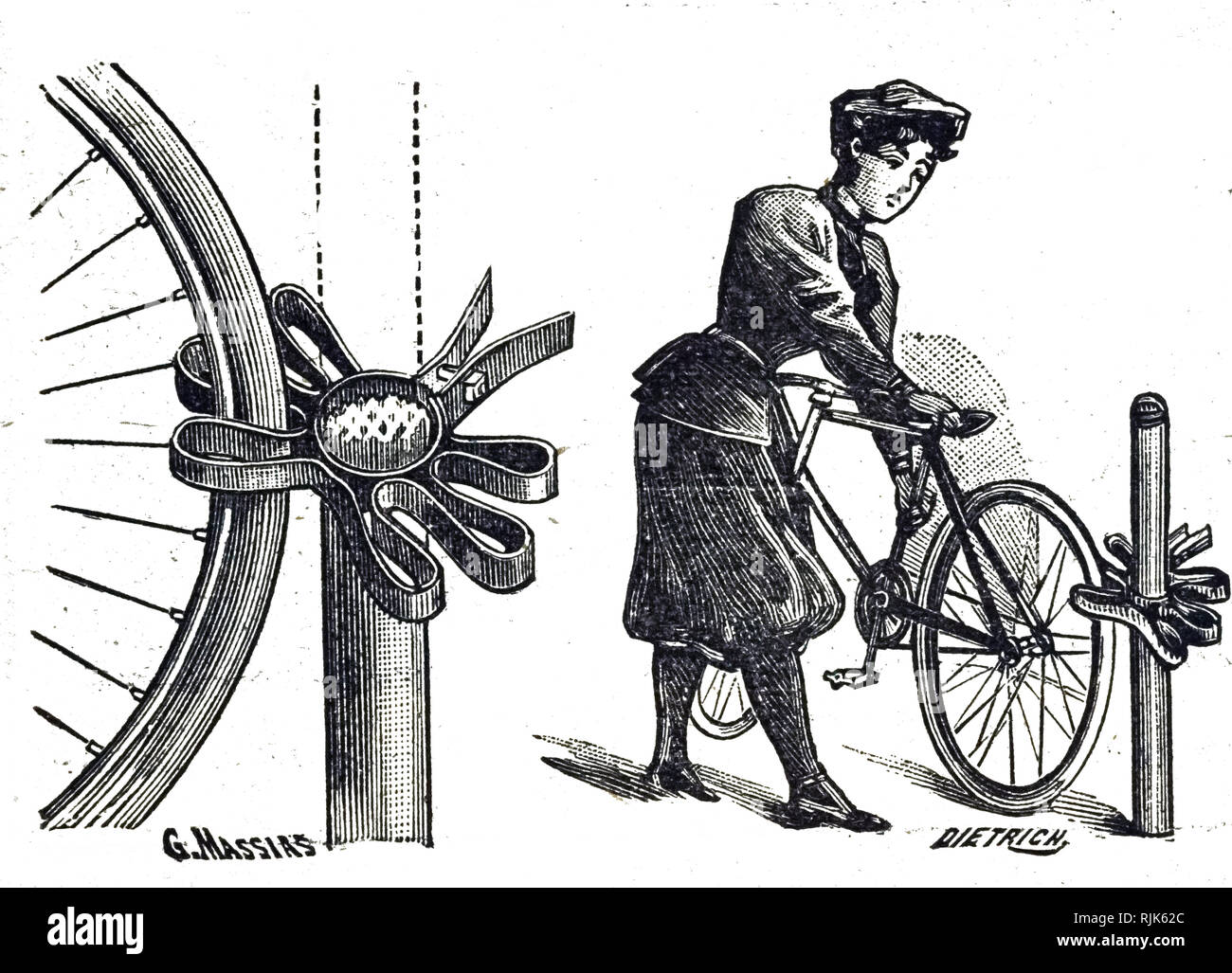 An engraving depicting a bicycle stand. Dated 19th century Stock Photo