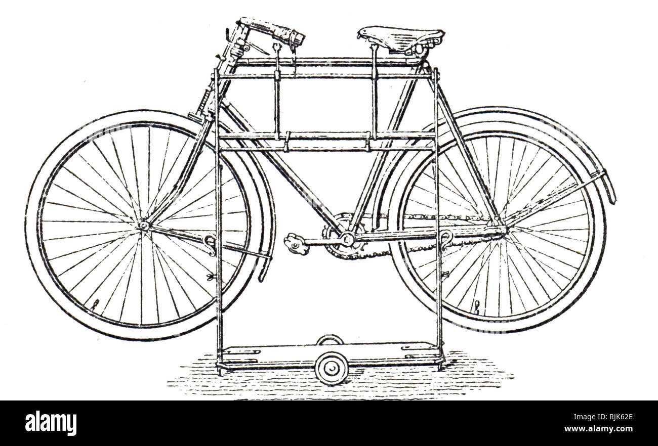 An engraving depicting a bicycle stand. Dated 19th century Stock Photo
