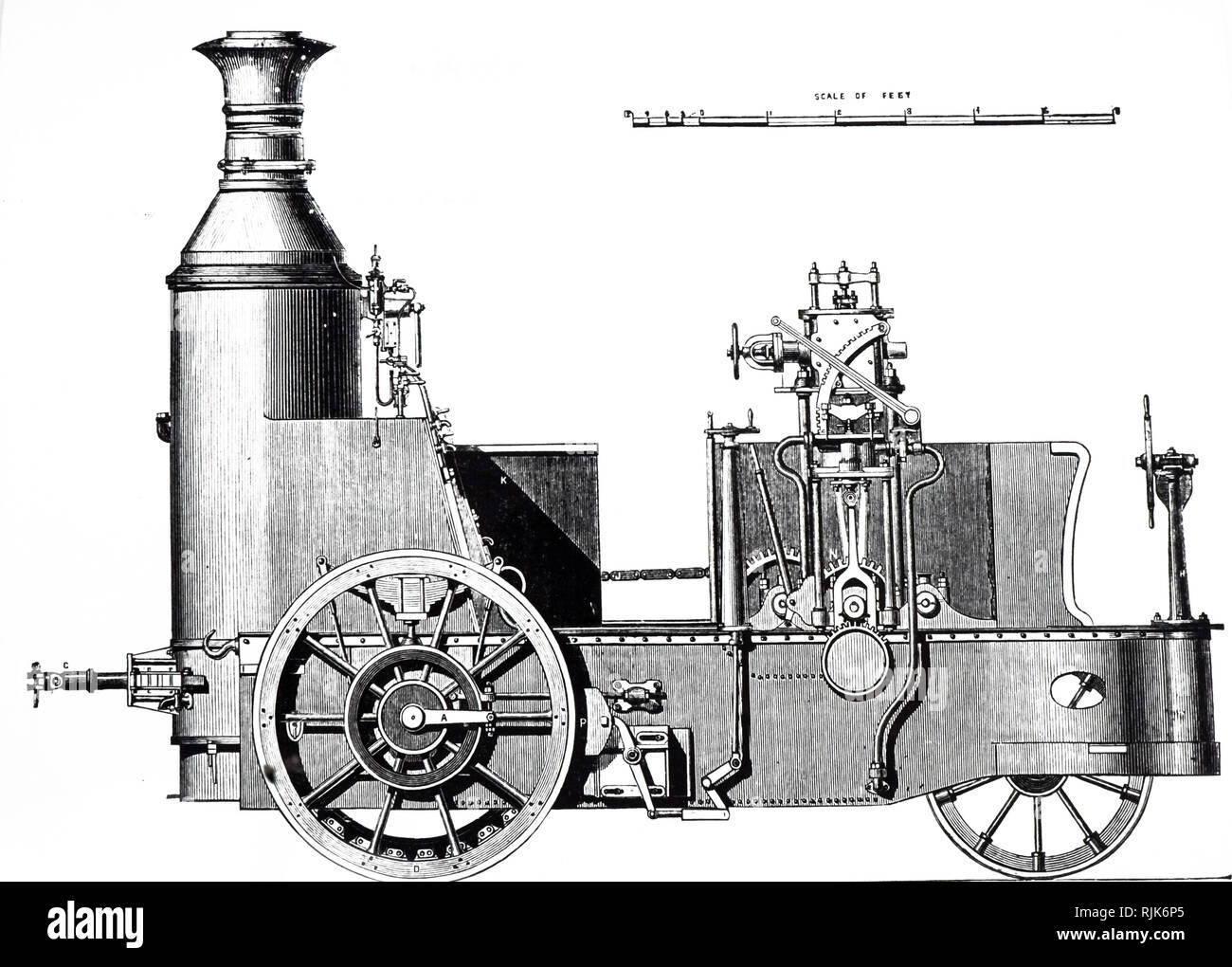An engraving depicting a plan of French traction engine with a vertical
