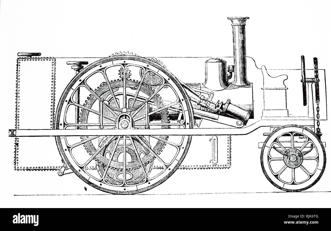 An engraving depicting a steam engine with a boiler mounted on adjustable trunnions and is fitted when the engine goes uphill. Designed by Longstaff and Pullman. Dated 19th century Stock Photo