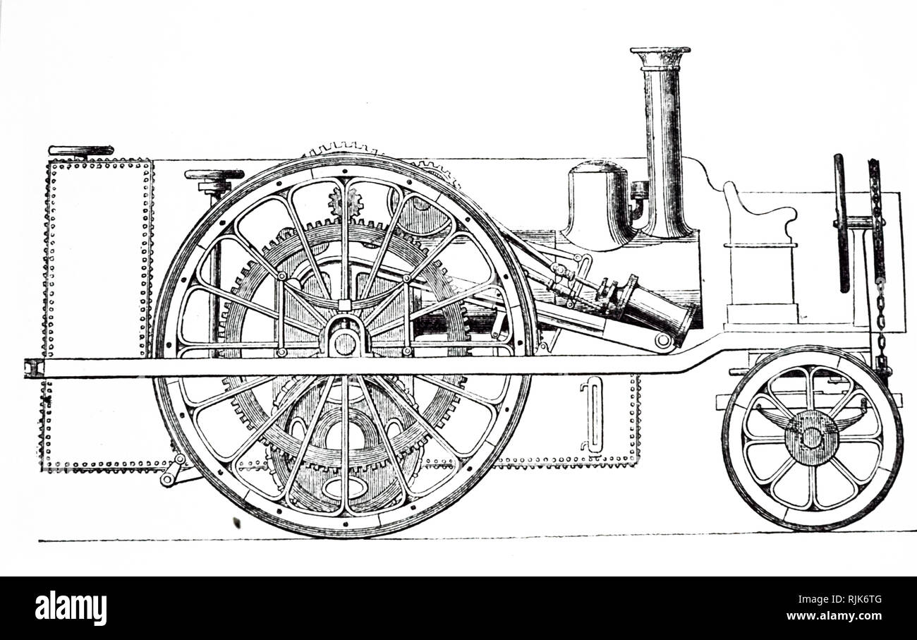 Steam Engine Engravings An engraving depicting a steam engine with a boiler mounted on ...