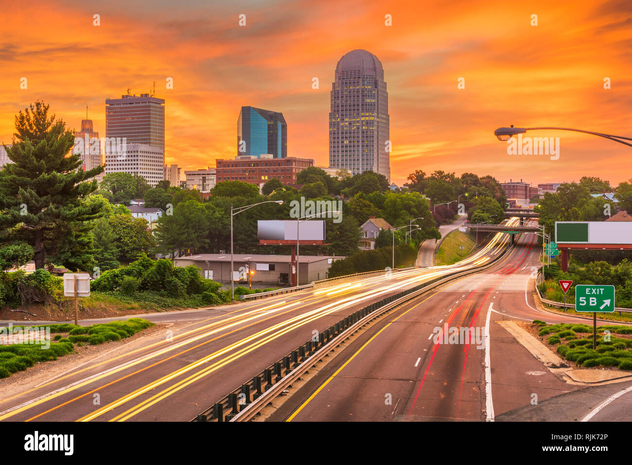 Winston-Salem, North Carolina, USA skyline and highways at dusk. Stock Photo