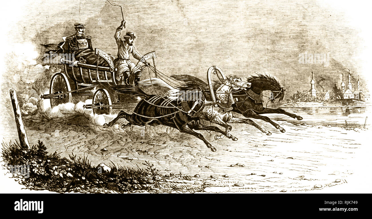 An engraving depicting a Russian Imperial courier driven in a troika. Dated 19th century Stock Photo