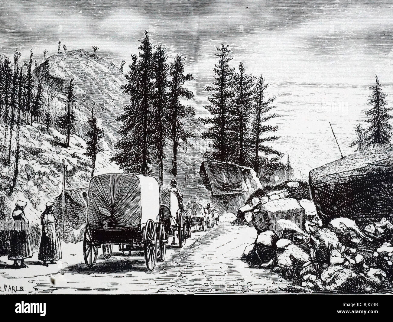 An engraving depicting an emigrant train of covered wagons in Colorado. Dated 19th century Stock Photo