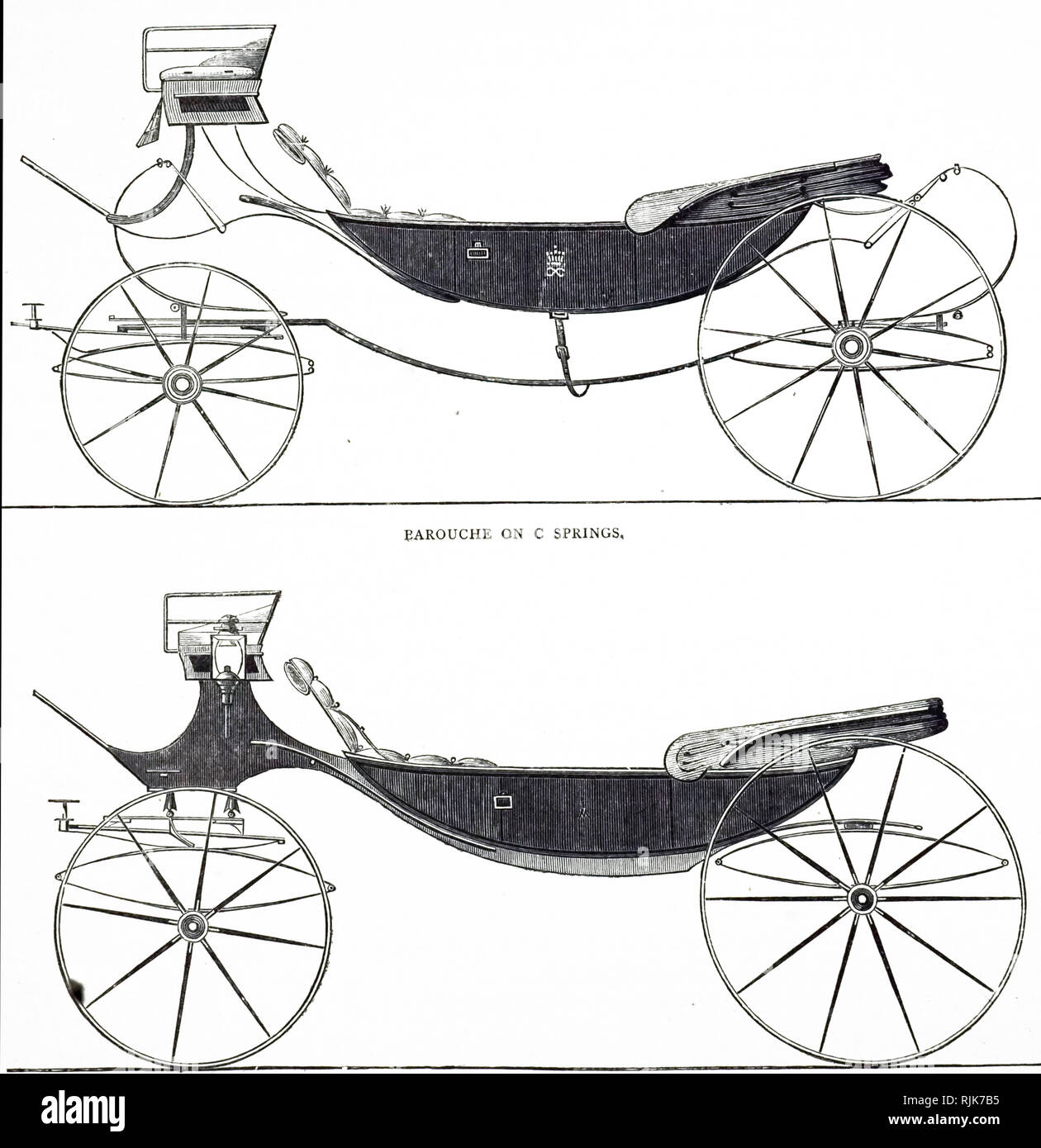 An engraving depicting an undersprung steppiece barouche. Dated 19th