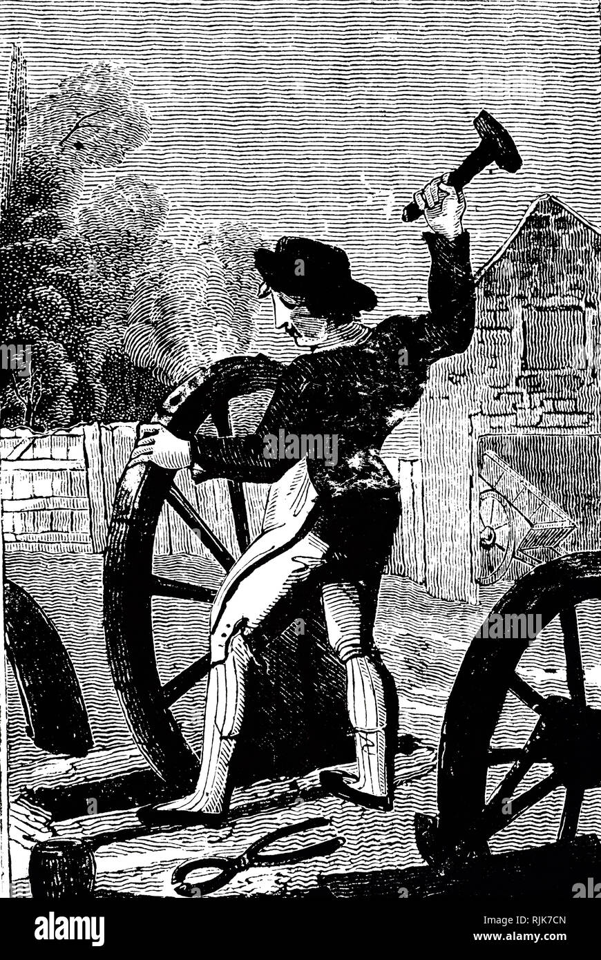 An engraving depicting a wheelwright fitting oak spokes into the elm
