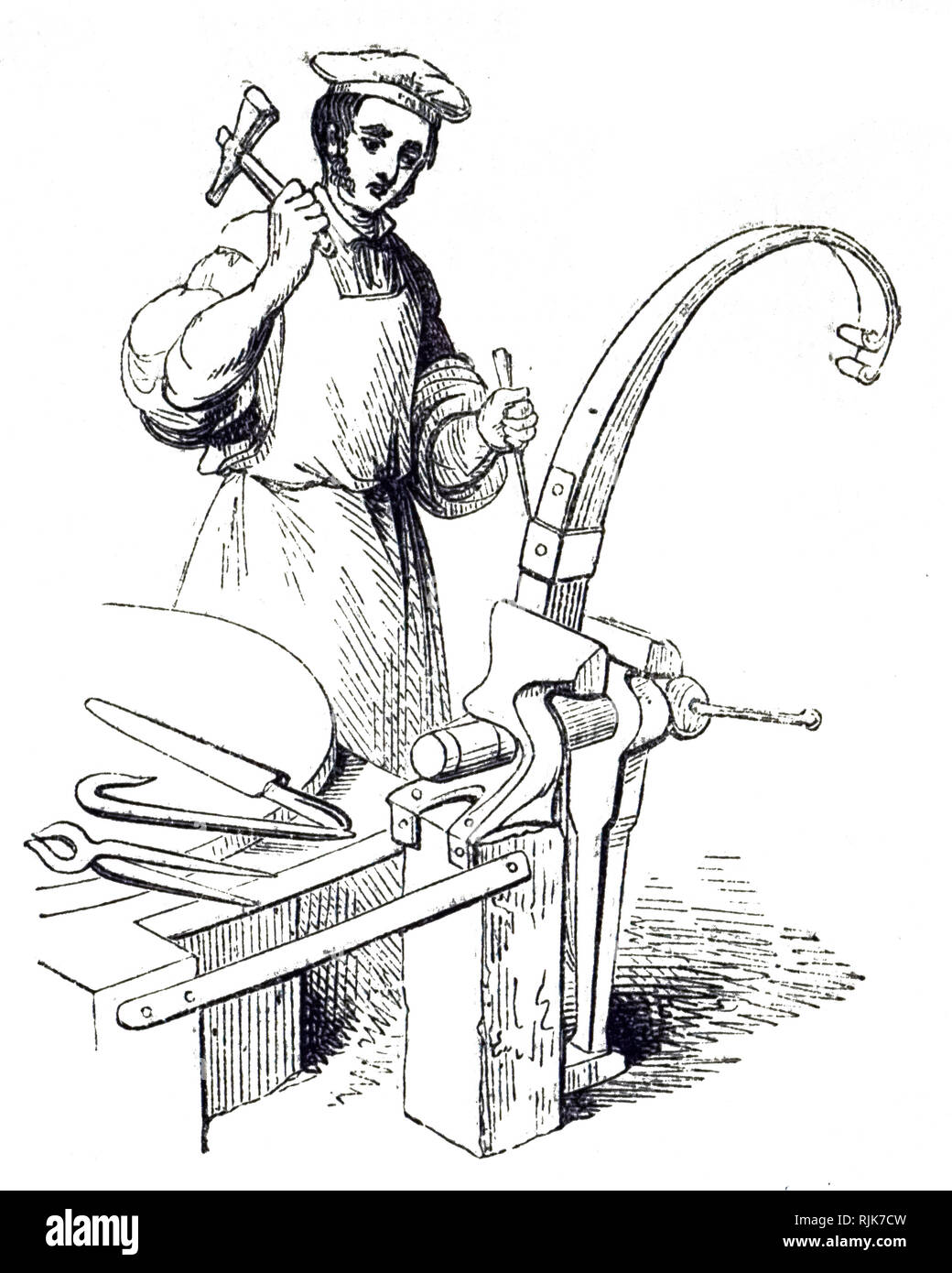 An engraving depicting the forming of a carriage spring by hammering on