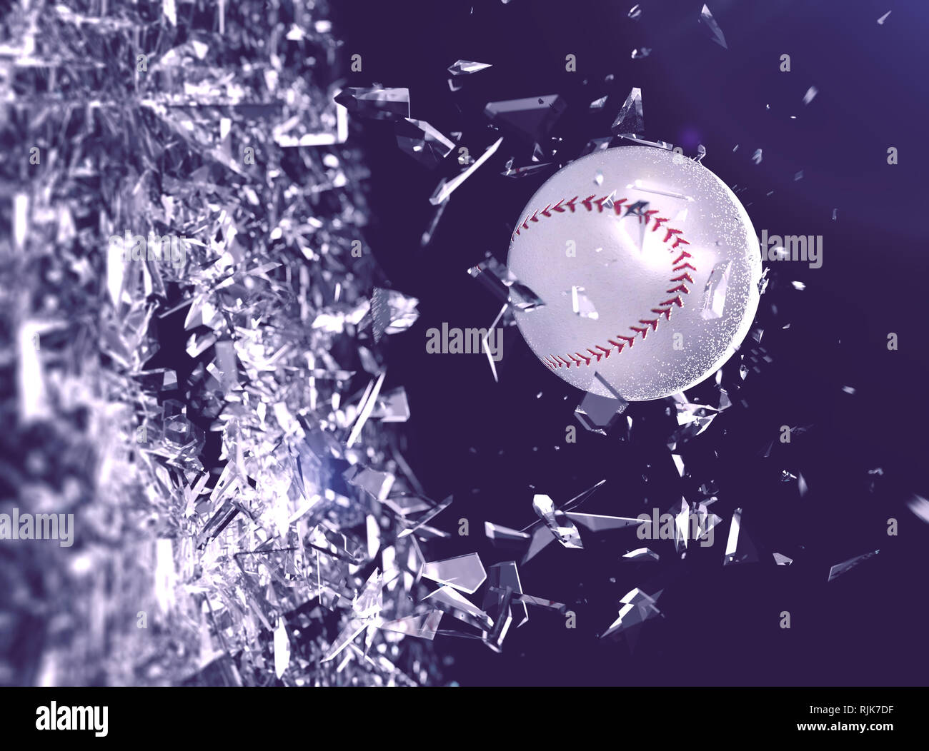 Baseball ball in motion breaking the glass.Concept of action and strength in team sport. Sports concept background.Baseball. 3d illustration Stock Photo