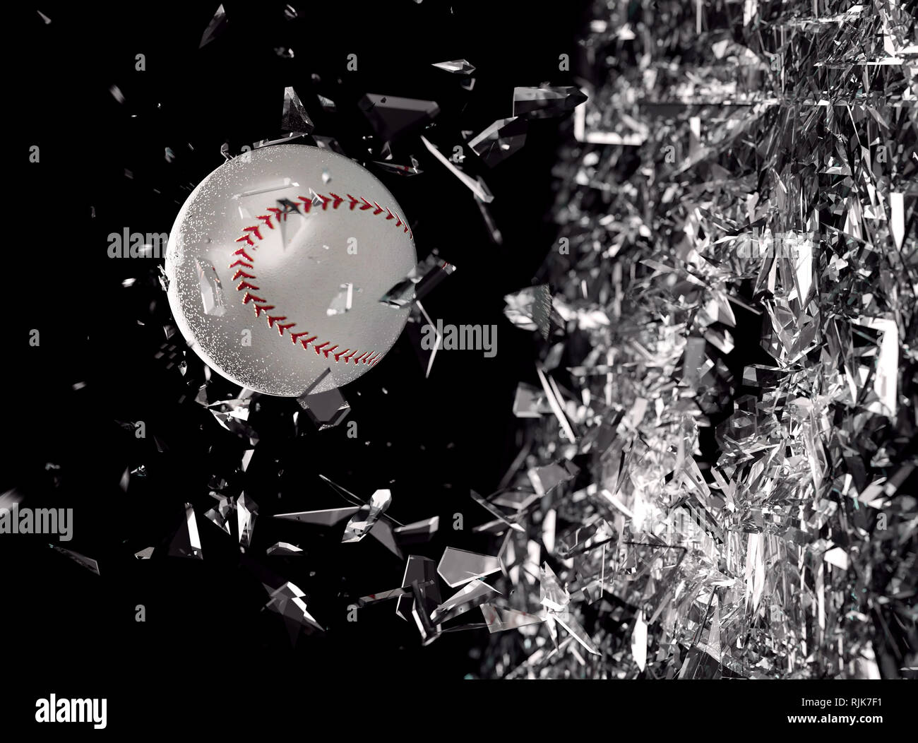 Baseball ball in motion breaking the glass.Concept of action and