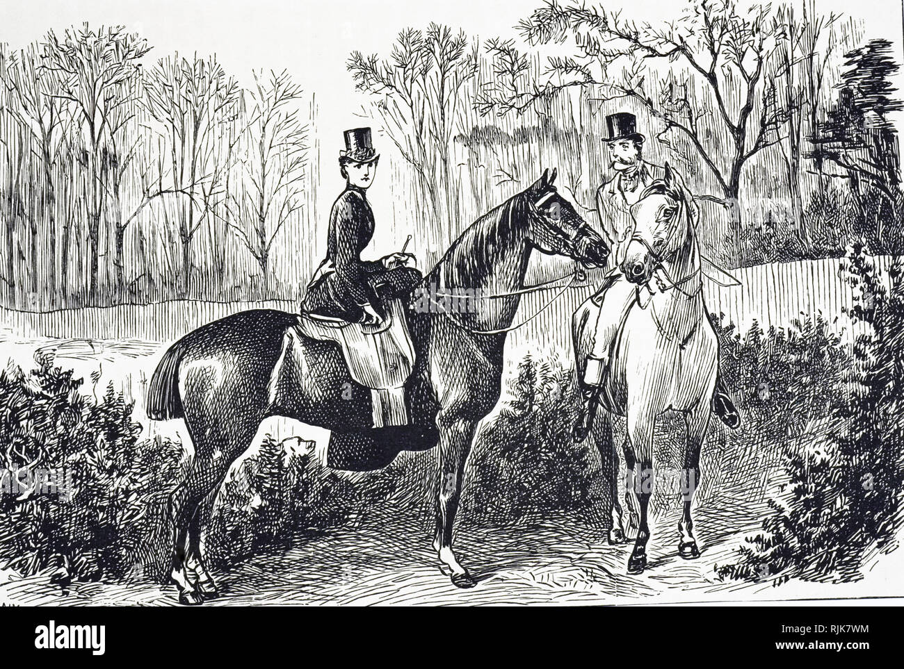 An engraving depicting a young couple riding horses. Dated 19th century Stock Photo