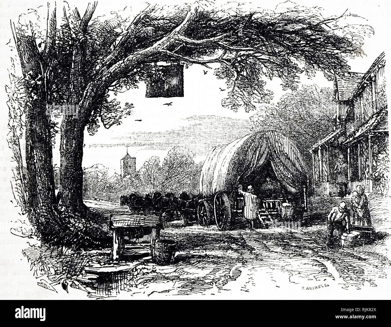 An engraving depicting a typical eighteenth-century road wagon. Dated 19th century Stock Photo