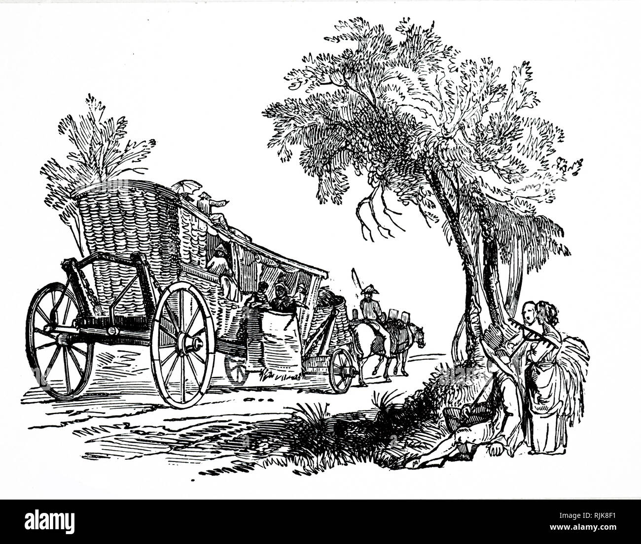 An engraving depicting a typical 18th-century French stagecoach made of wicker-work. Dated 19th century Stock Photo