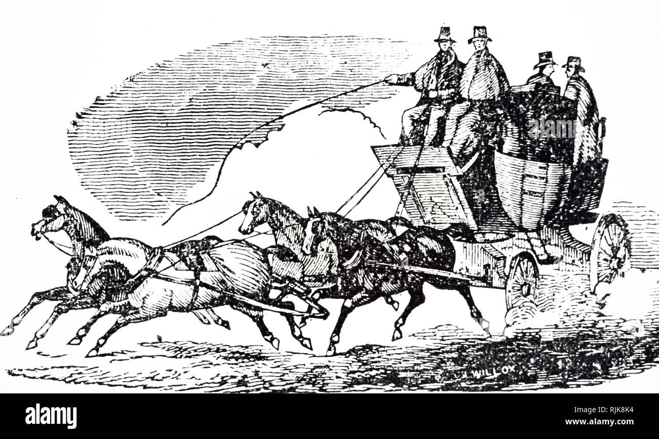 An engraving depicting a mail coach. Dated 19th century Stock Photo - Alamy