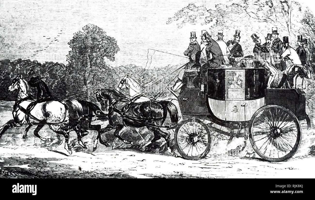 An engraving depicting a fourinhand, a carriage drawn by a hitch of