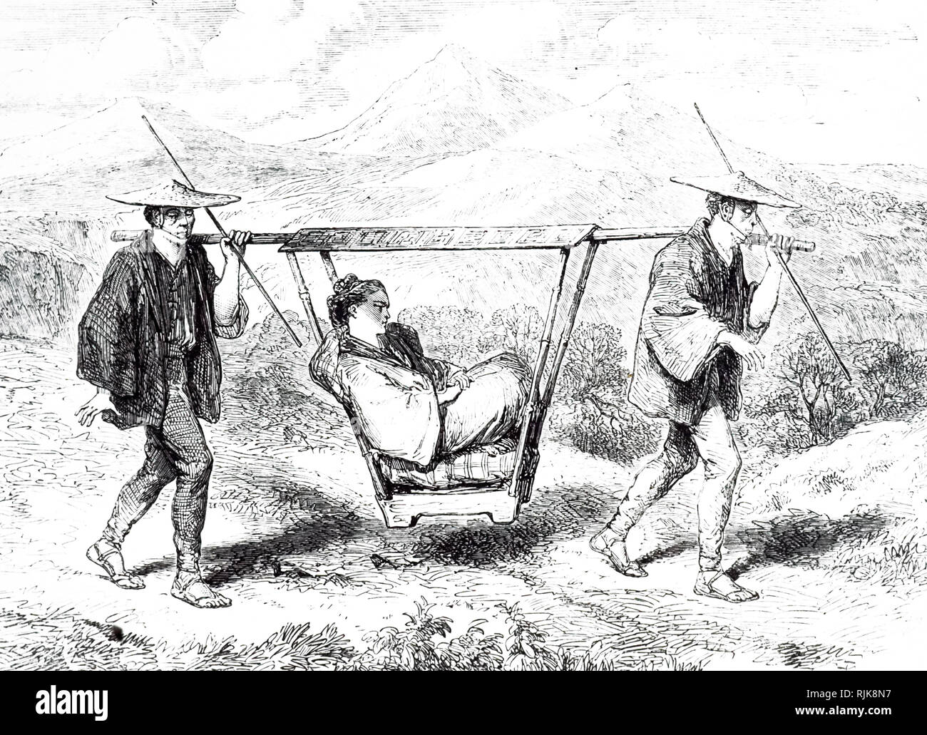 An engraving depicting a woman travelling in a Litter, a wheel less vehicle which would be carried by footmen. Dated 19th Century Stock Photo
