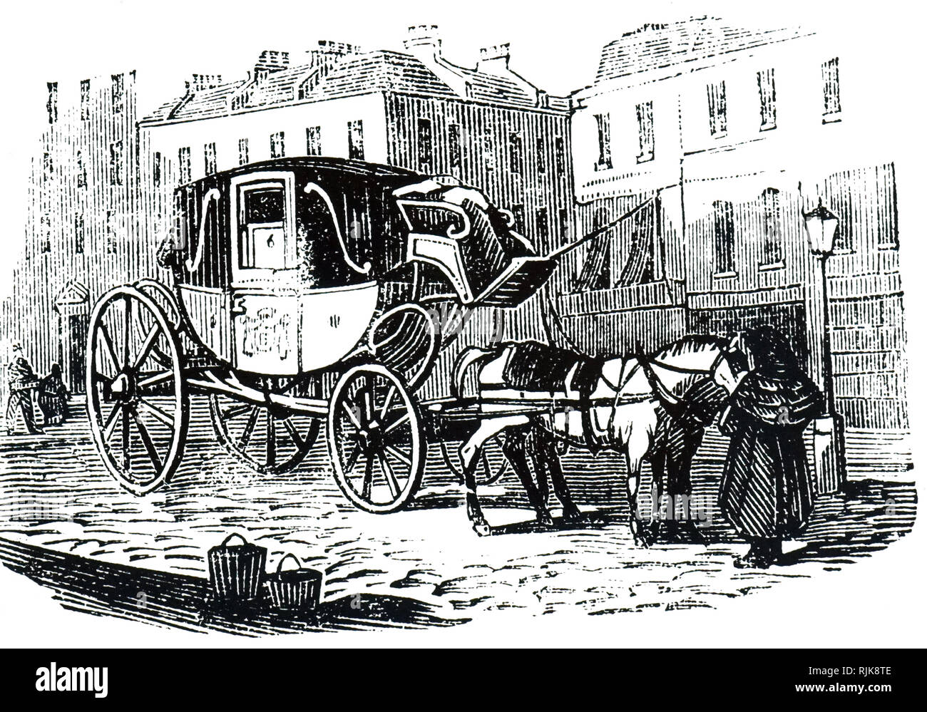 An engraving depicting an English Hackney coach. Dated 19th century
