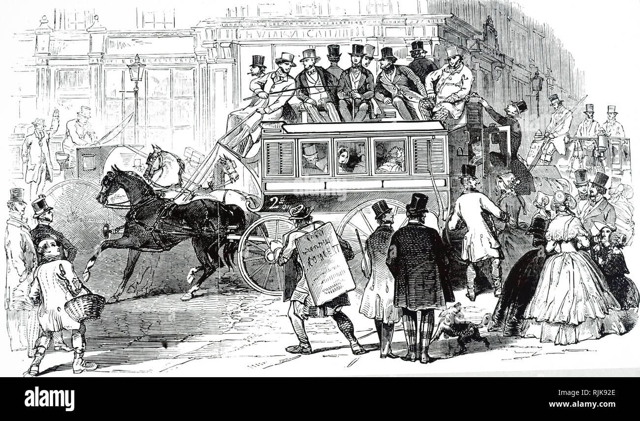 An engraving depicting a horse-drawn bus built for the Economic Conveyance Company of London by Adams & Co. of Bow Street. Dated 19th century Stock Photo