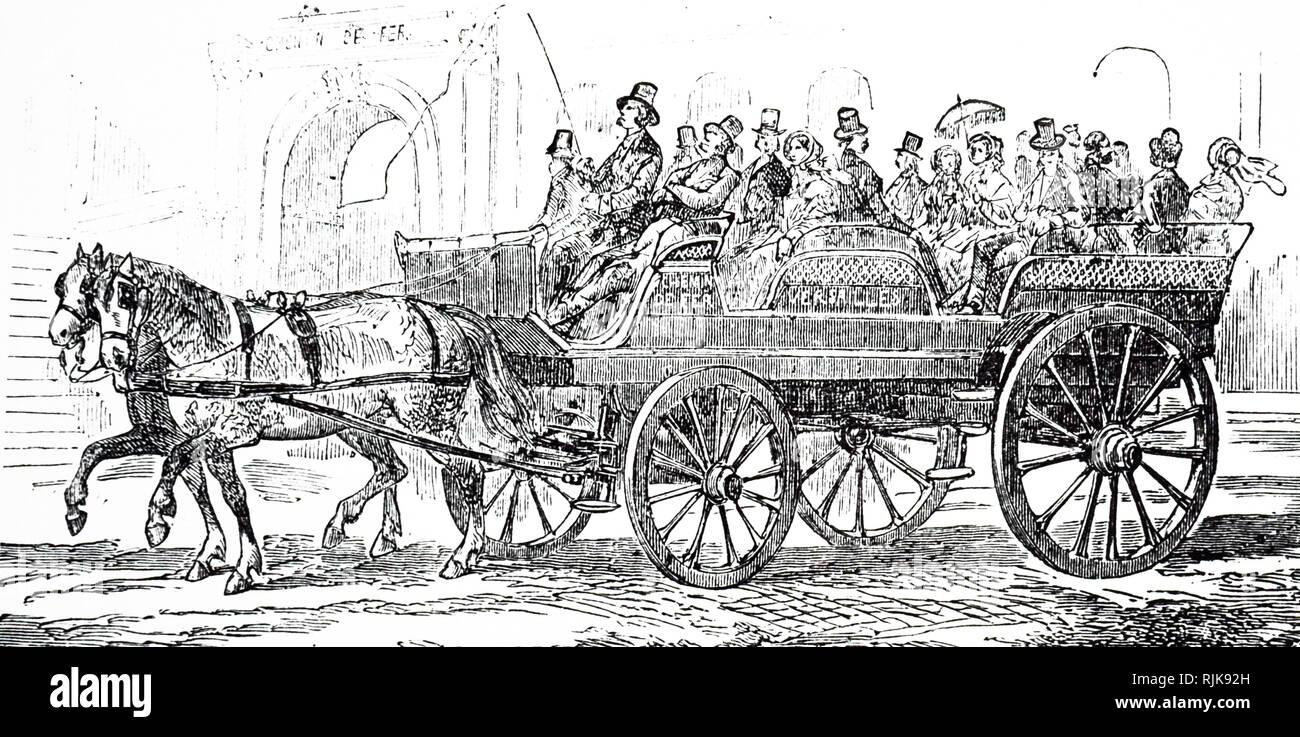 An engraving depicting a Parisian horse-drawn summer bus. Dated 19th century Stock Photo