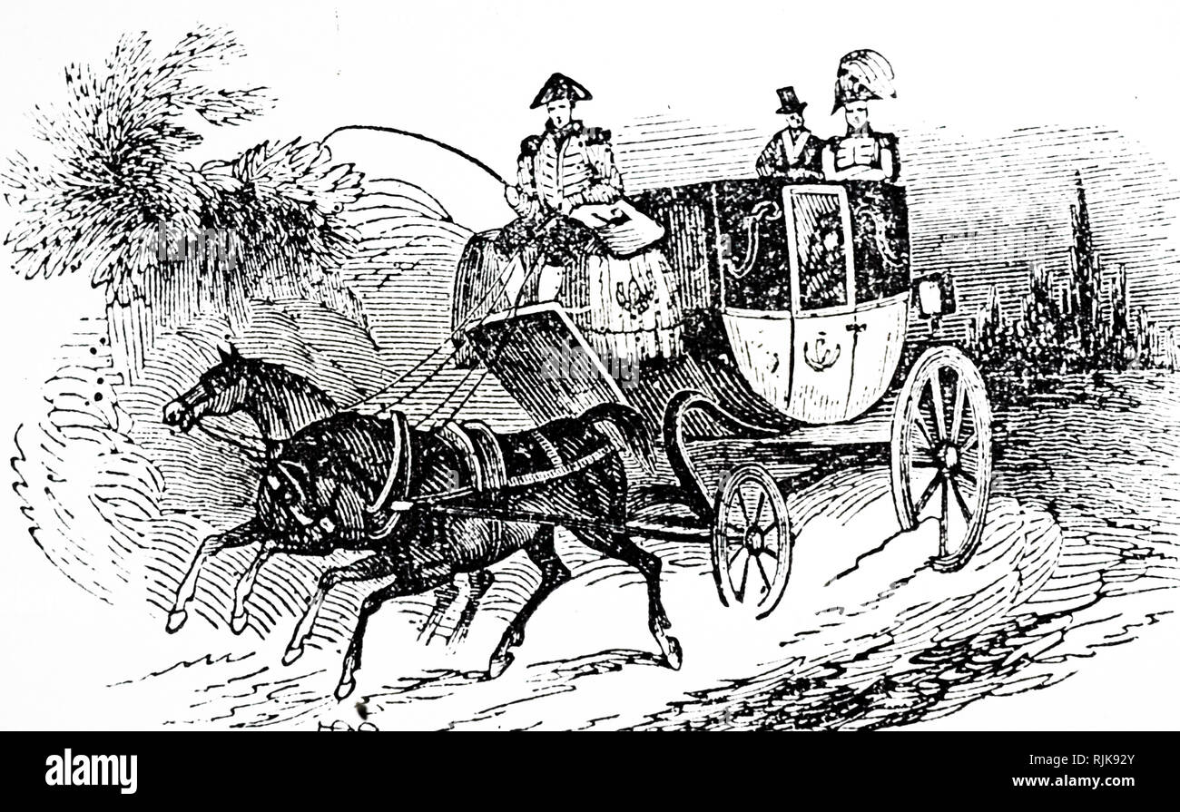 An engraving depicting an English Hackney coach. Dated 19th century