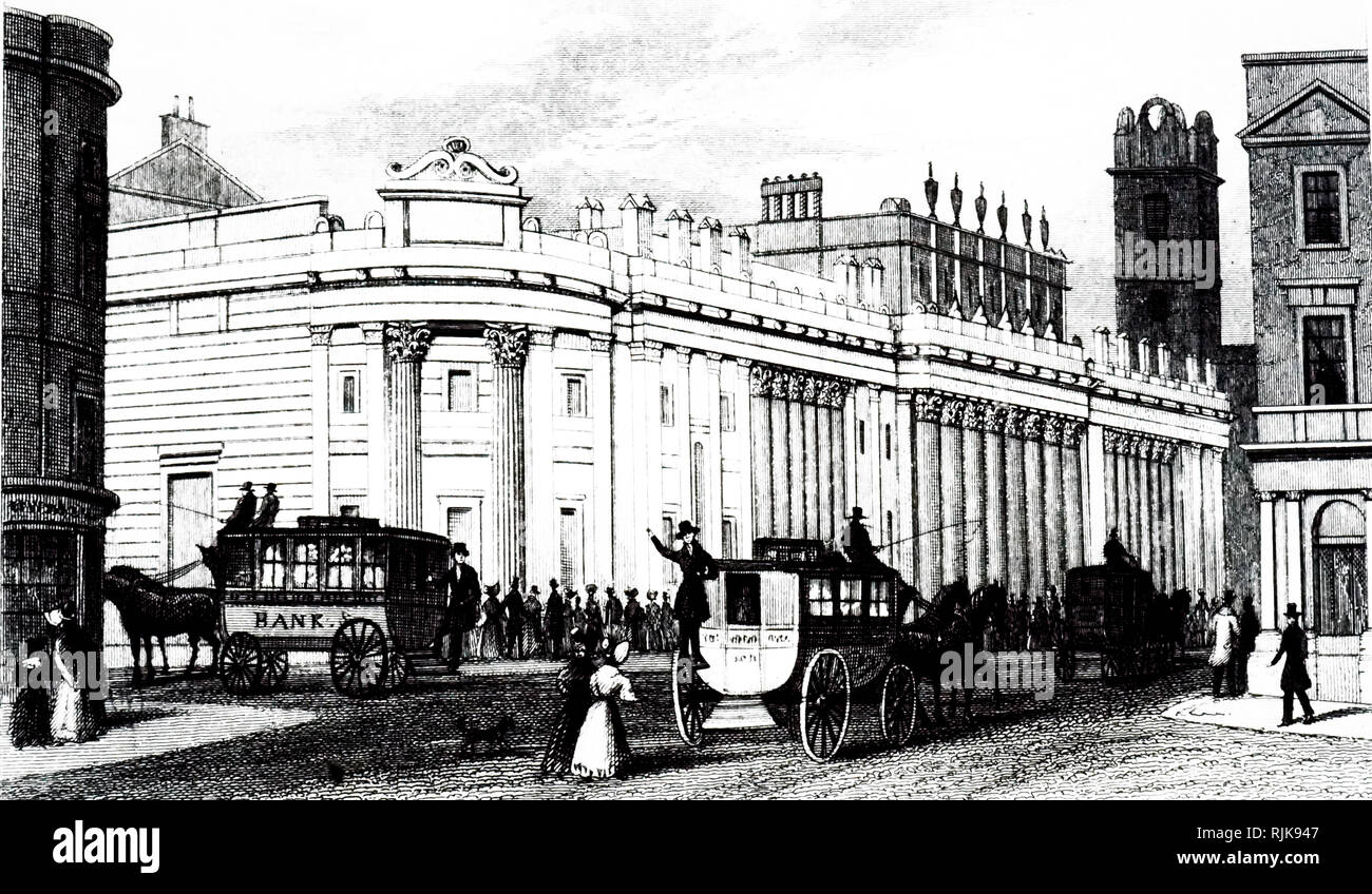 An engraving depicting horse-drawn carriages outside the Bank of England, Threadneedle St, London. Dated 19th century Stock Photo