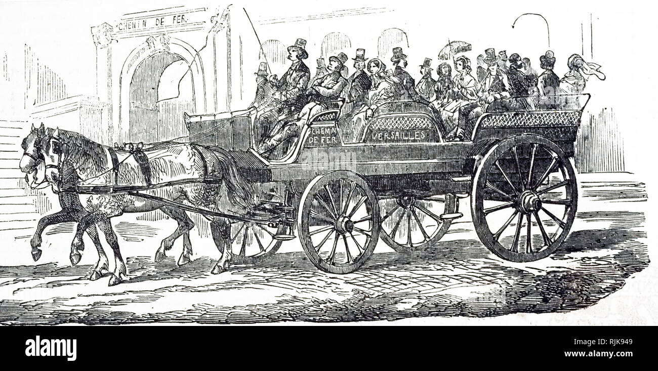 An engraving depicting a Parisian horse-drawn summer bus. Dated 19th century Stock Photo